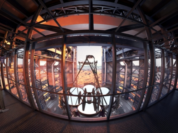 This artist's rendering of the Giant Magellan Telescope's viewing platform shows the telescope's seven primary mirror segments produced by the Richard F. Caris Mirror Lab, each spanning 27 feet. (Credit: Giant Magellan Telescope – GMTO Corp.)