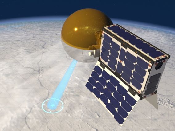 digital rendering of a satellite attached to a spherical antenna
