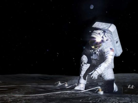 Artist’s concept of an Artemis astronaut deploying an instrument on the lunar surface.
