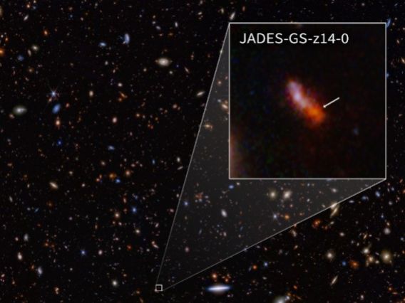 Infrared image from the James Webb Space Telescope NIRCam with pullout of galaxy JADES-GS-z14-0