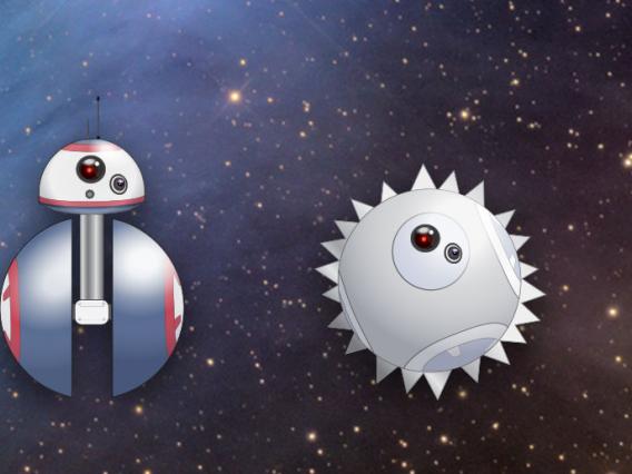(From left to right) An illustration of BB-8 with a cut-away showing a hamster inside the body; an illustration of BB-8 with a barbell-shaped body; an illustration of a spherical BB-8 with metal spikes across the surface of its body; an illustration of a