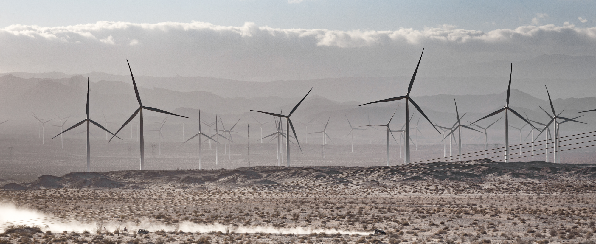 Dozens of modern windmills in a shrubby, desert landscape