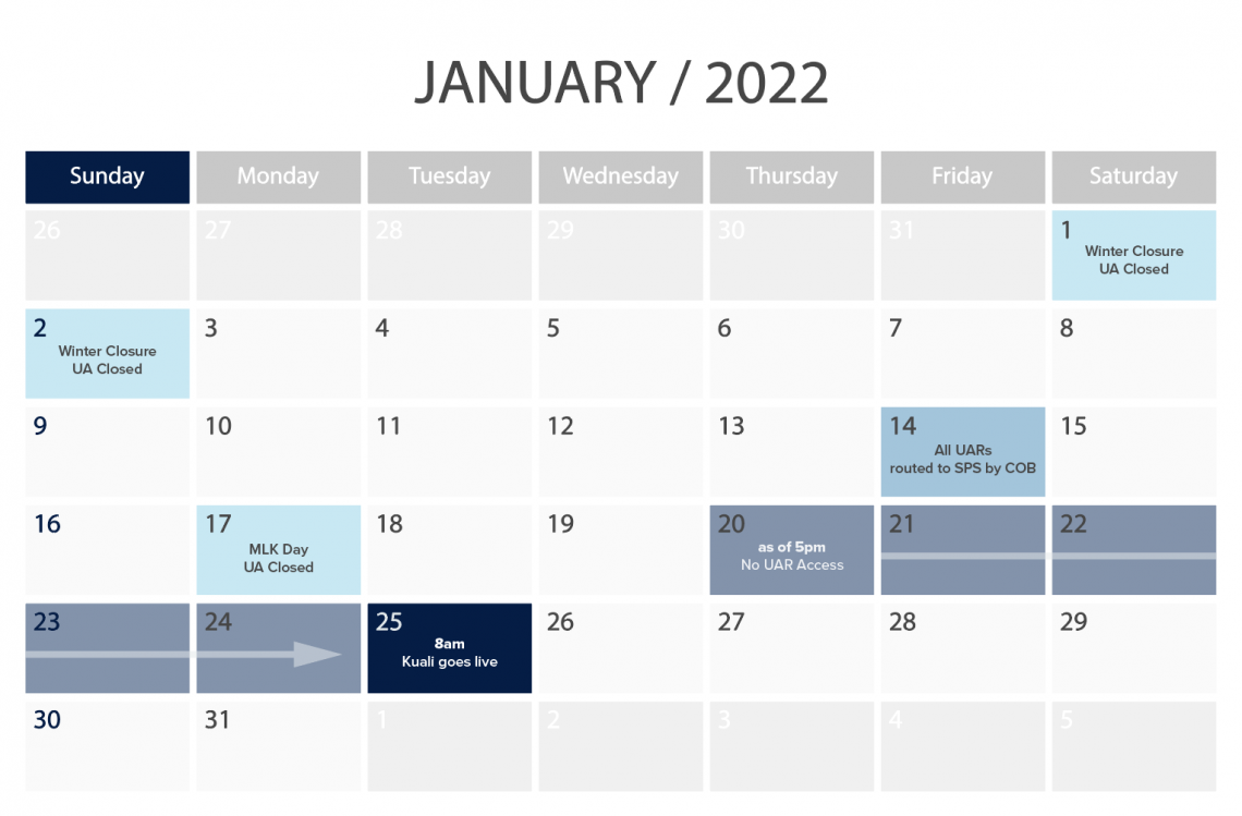 Calendar view of project timeline; new system goes live on January 25, 2022