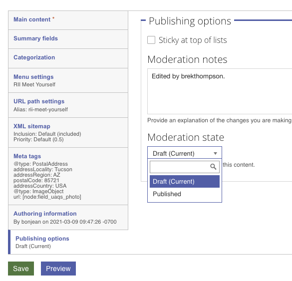 Screenshot of edit screen with Publishing options open and Moderation state expanded