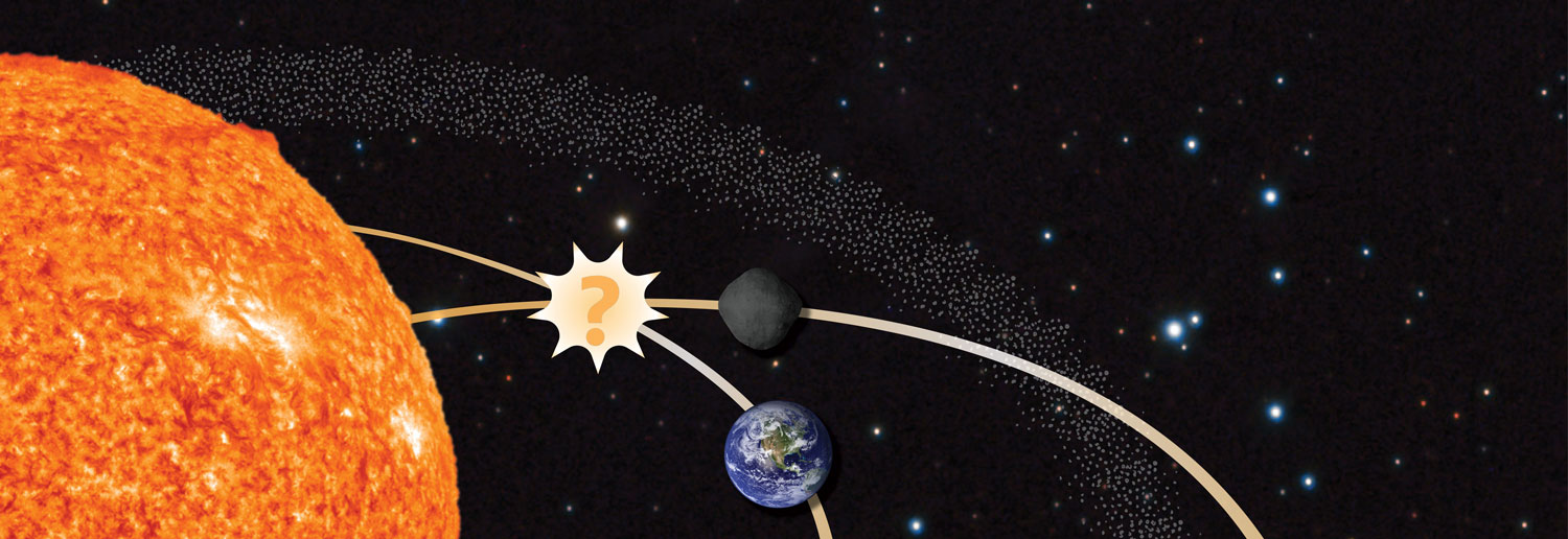 Illustration of asteroid and earth trajectories traveling through space
